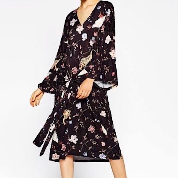 Zara | Kimono Sleeve Oriental Print Self-Tie Kaftan Dress | Approx Size 16/ US S - Picture 2 of 13